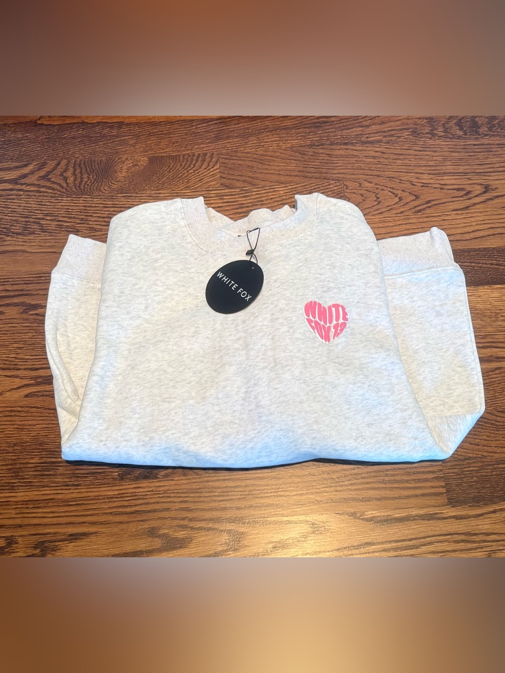 White Fox Boutique Light Gray Sweatshirt with Pink Heart Logo